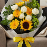 Sunflower, Yellow Gerbera & White Rose Bouquet in Kraft & Lace Wrap