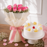 10 Aqua Pink Roses With Pineapple Cake