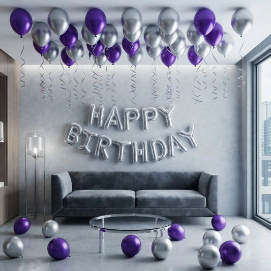 Purple & Silver Chrome Room Balloon Decor