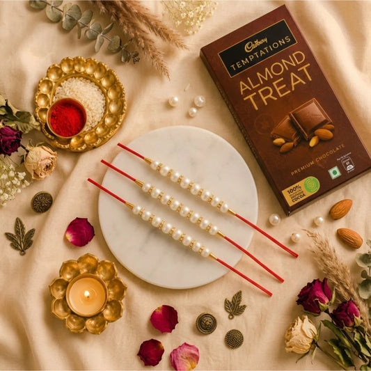 Set of 3 Ethnic Pearl Rakhi with Cadbury Temptations Chocolate | Rakhi Gift Combo