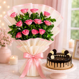 Aqua Pink Roses With Chocolate Cream Cake