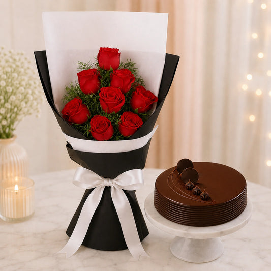 8 Red Roses With Eggless Chocolate Truffle Cake