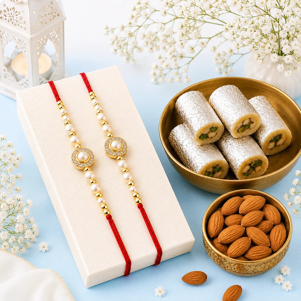 Pearl Rakhi with Kaju Roll & Californian Almonds | Sweet Rakhi Hamper
