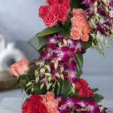 60 Pink Roses & Purple Orchids Wooden Drift Arrangement
