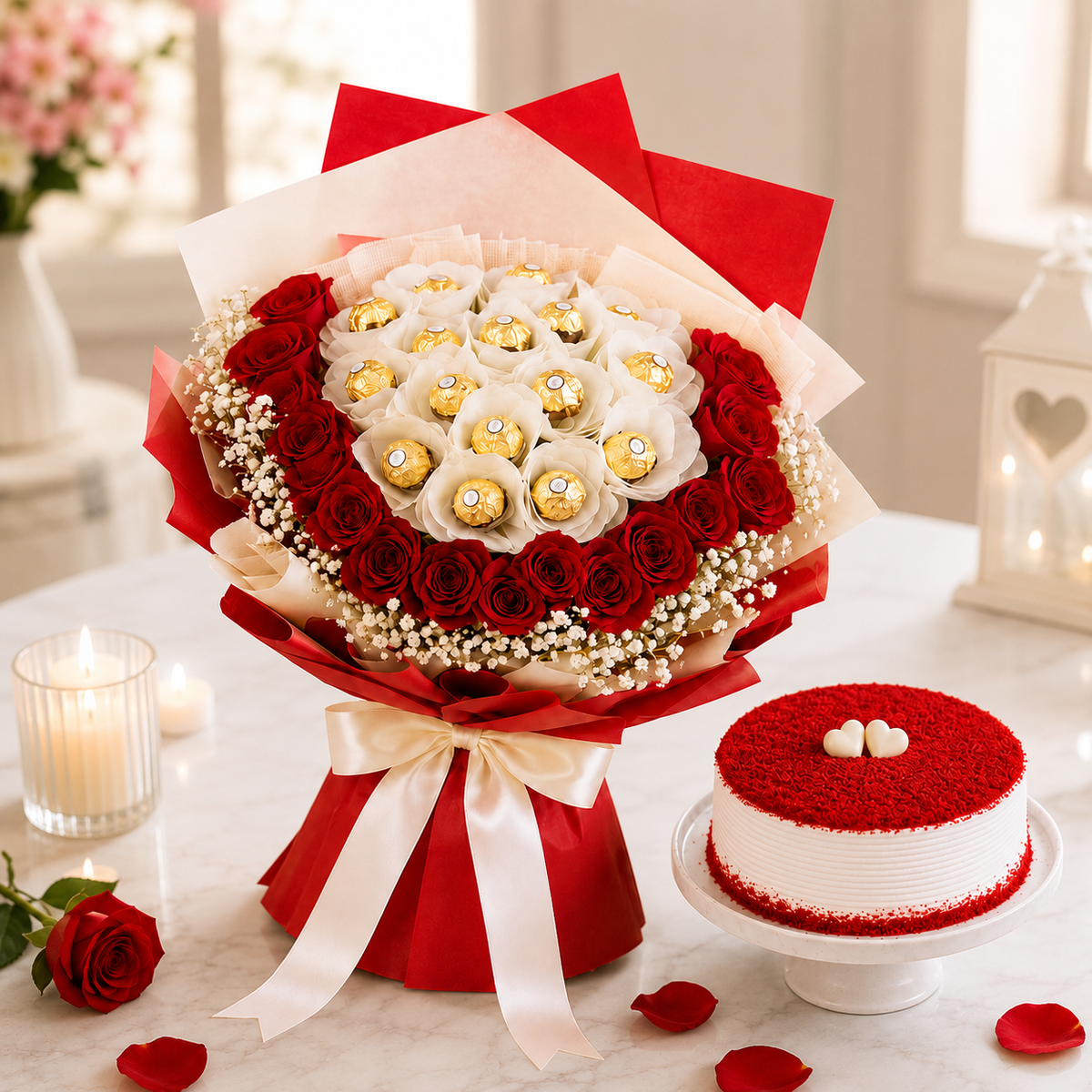 16 Red Roses, Cream Cake & Ferrero Rocher