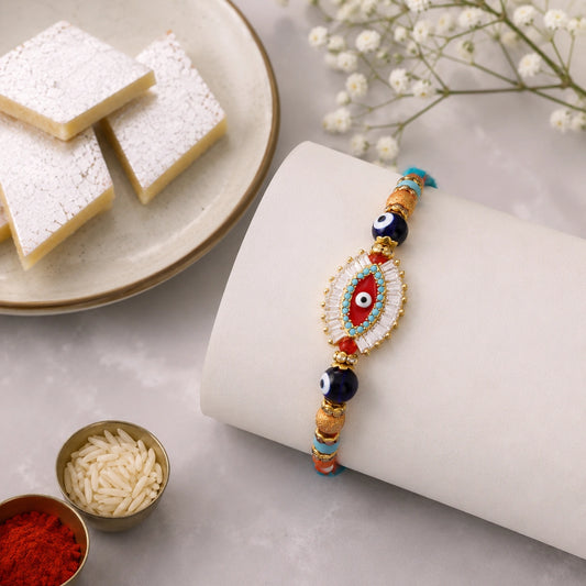 Evil Eye Marquise Rakhi with Kaju Katli
