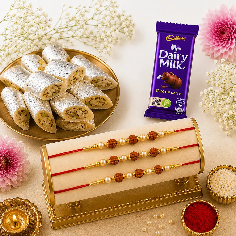 Set of 3 Rudraksha Rakhi with Kaju Roll & Dairy Milk Chocolates | Multi-Brother Gift