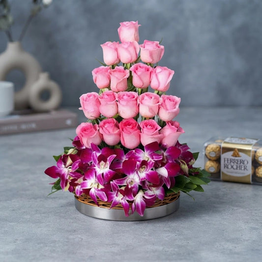 Ferrero Rocher, Pink Roses & Purple Orchids Cane Basket