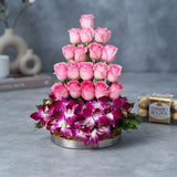 Ferrero Rocher, Pink Roses & Purple Orchids Cane Basket