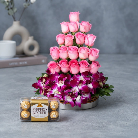 Ferrero Rocher, Pink Roses & Purple Orchids Cane Basket