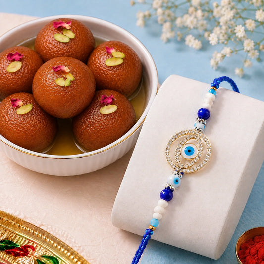 Evil Eye Concentric Circle Rakhi with Gulab Jamun
