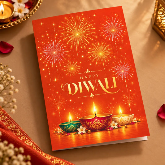 Personalized Diwali Greeting Card with Fireworks & Colourful Diyas