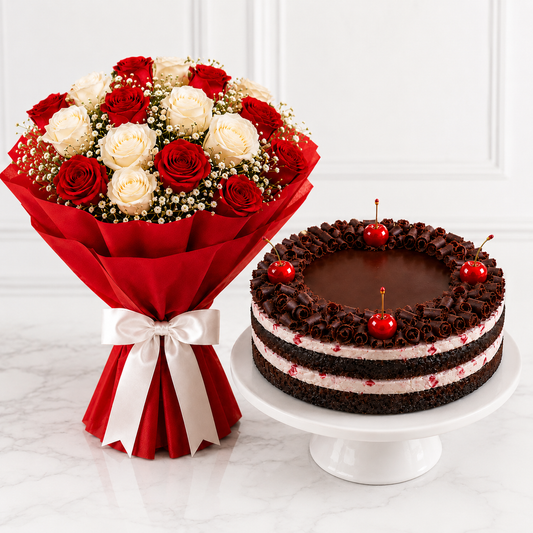 12 Mixed Roses With Black Forest Cake