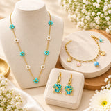 Turquoise Floral Necklace, Charm Bracelet and Heart Bow Earrings Set