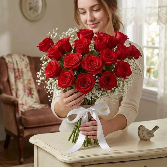 Romantic 20 Red Roses Bouquet with White Gypsophila Fillers