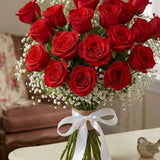 Romantic 20 Red Roses Bouquet with White Gypsophila Fillers