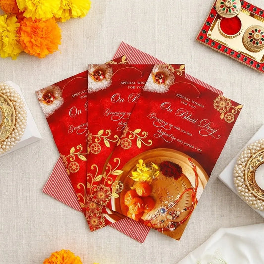 Pack of 3 Red & Gold 'Growing Up With You' Bhai Dooj Greeting Cards
