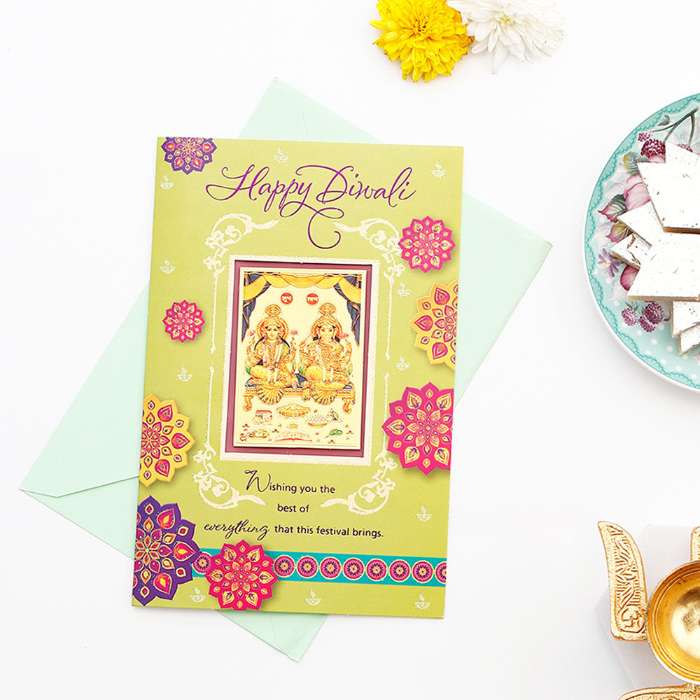 Akhand Jyoti Diya with Greeting Card and Kaju Barfi