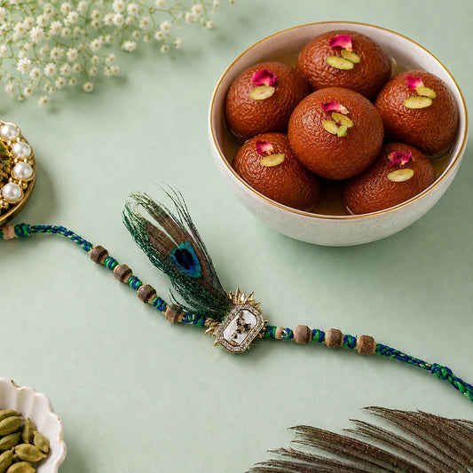 Peacock Feather Charm Rakhi with Gulab Jamun