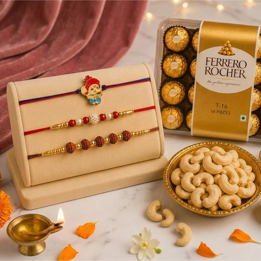 3-in-1 Pearl, Rudraksha & Ganesha Rakhi with Ferrero Rocher & Cashews | Luxury Rakhi Hamper