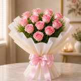12 Pink Roses With Eggless Chocolate Truffle Cake