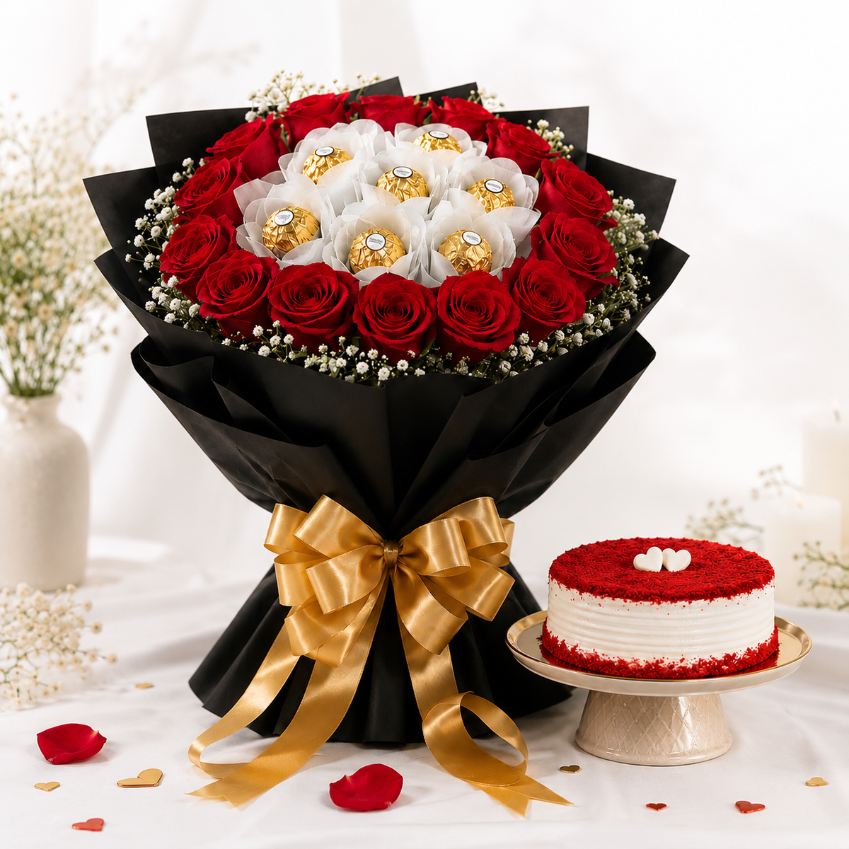 10 Red Roses, Eggless Cream Cake & Ferrero Rocher
