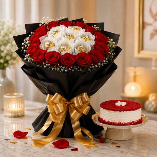 10 Red Roses, Eggless Cream Cake & Ferrero Rocher