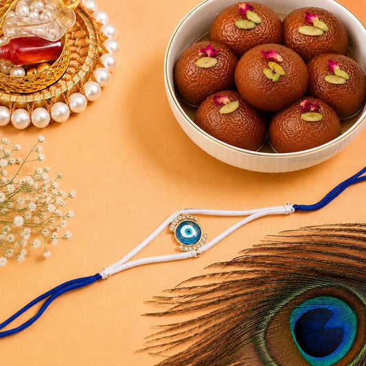 Evil Eye Macrame Cord Rakhi with Gulab Jamun