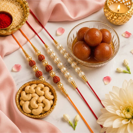 Pearl & Rudraksha Rakhi Family Pack with Gulabjamun & Cashews | Rakhi Hamper
