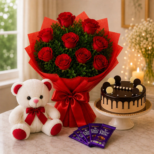 10 Red Roses, Cadbury Chocolate With Cream Cake & Teddy