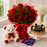 10 Red Roses, Cadbury Chocolate With Cream Cake & Teddy