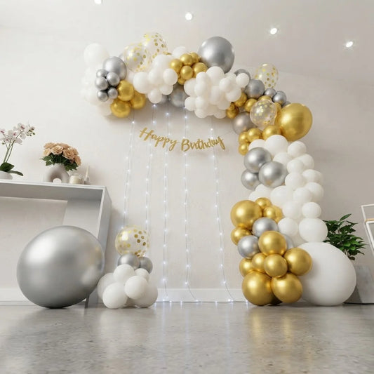 White & Gold Net Curtain Balloon Arch Decor