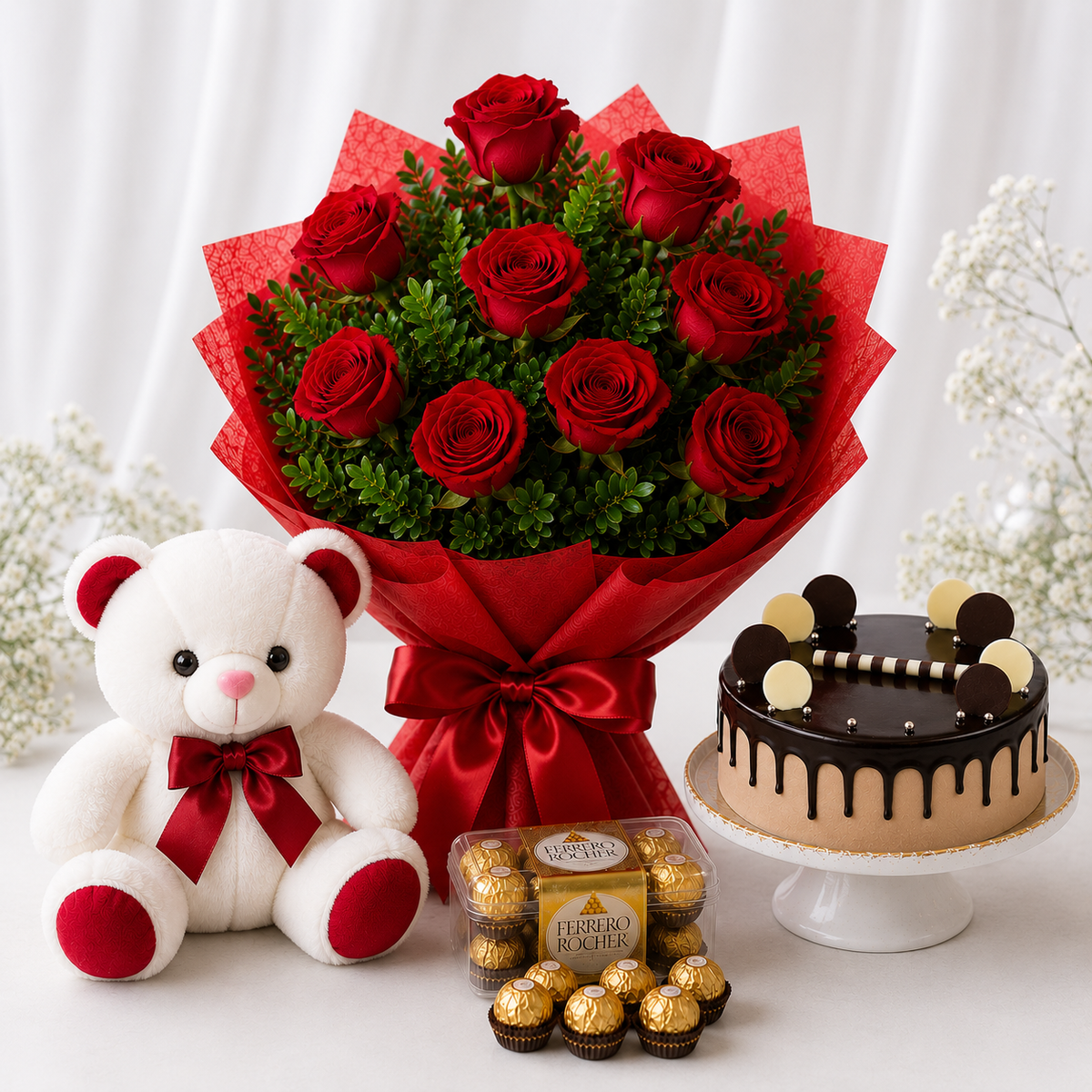 10 Red Roses, Ferrero Rocher With Cream Cake & Teddy