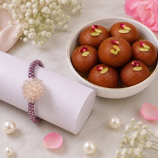 Crystal Flower Charm Bracelet Rakhi with Gulab Jamun
