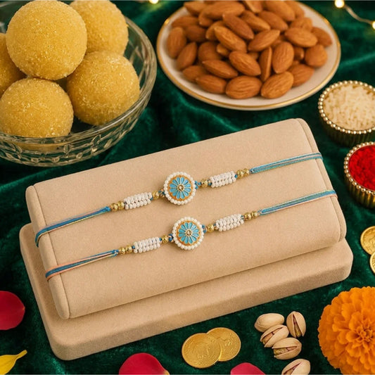 Set of 2 Meenakari Rakhi with Besan Laddoo & Almonds | Artisan Rakhi Hamper