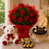 10 Red Roses, Ferrero Rocher With Cream Cake & Teddy