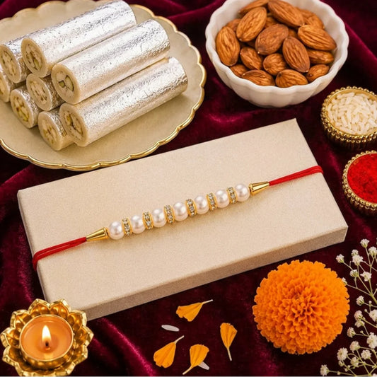 Pearl Rakhi with Kaju Roll & Almonds | Traditional Raksha Bandhan Sweet Hamper