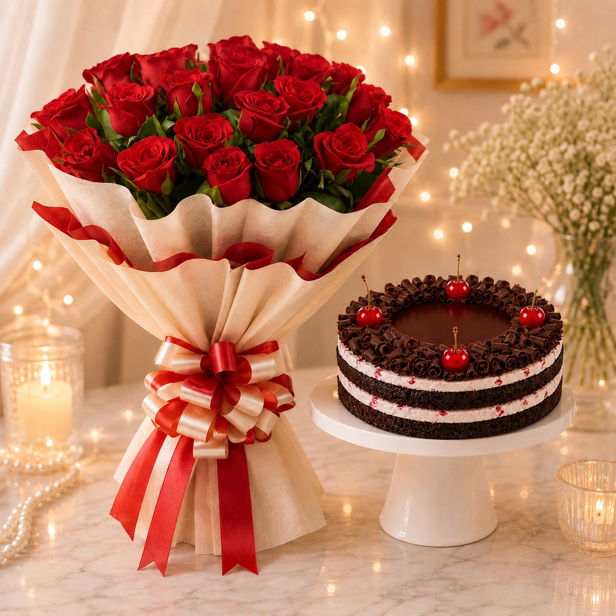 20 Red Roses With Black Forest Cake
