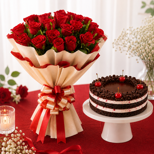 20 Red Roses With Black Forest Cake