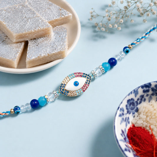 Evil Eye Marquise Rhinestone Rakhi with Kaju Katli