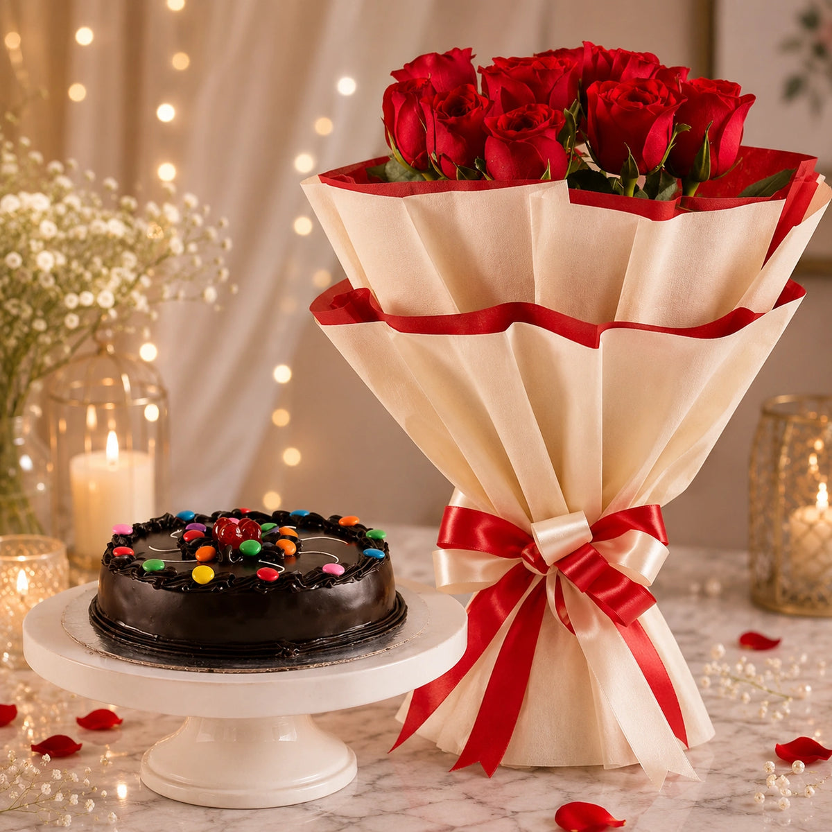 Red Roses With Black Forest Cake
