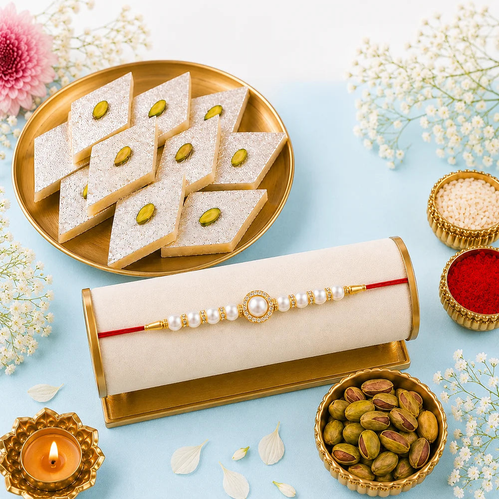 Pearl Rakhi with Kaju Katli & Pistachios | Premium Raksha Bandhan Sweet Hamper
