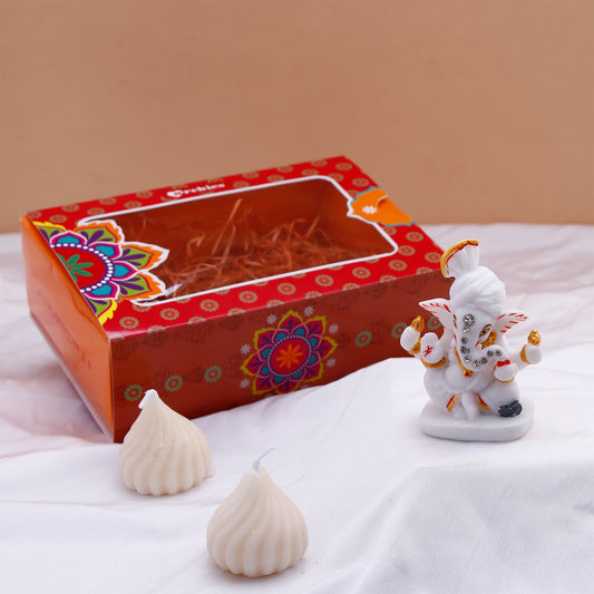 Ganesha Idol with Set of 2 Modak Diyas - White