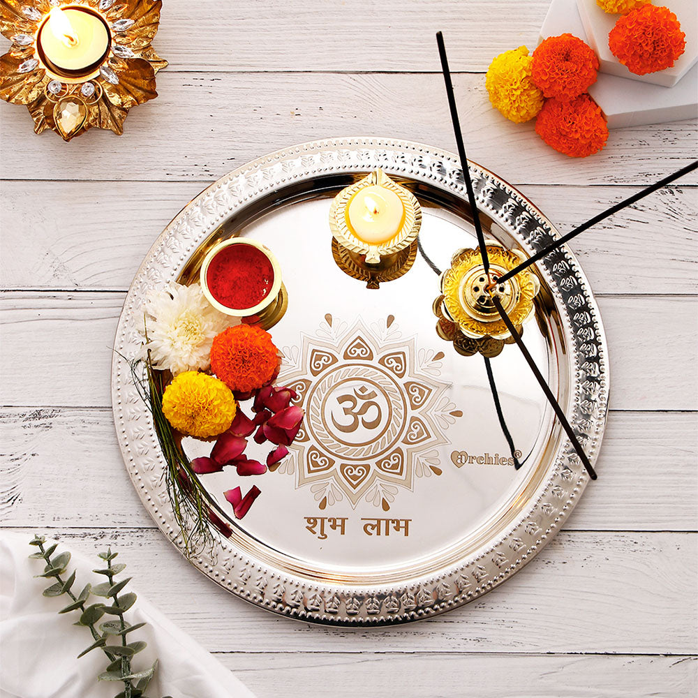 Silver Pooja Thali Set with Soan Papdi and Attar