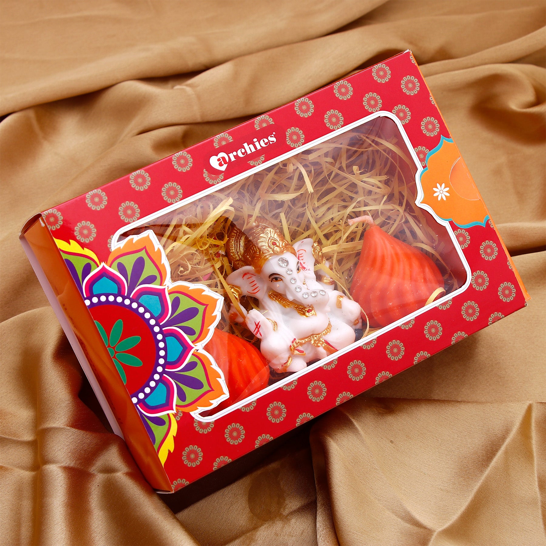 Ganesha Idol with Set of 2 Modak Diyas - Orange