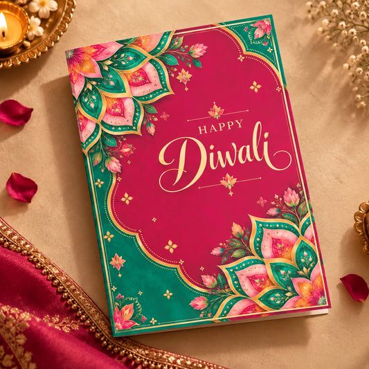 Personalized Diwali Greeting Card with Pink & Teal Mandala Florals