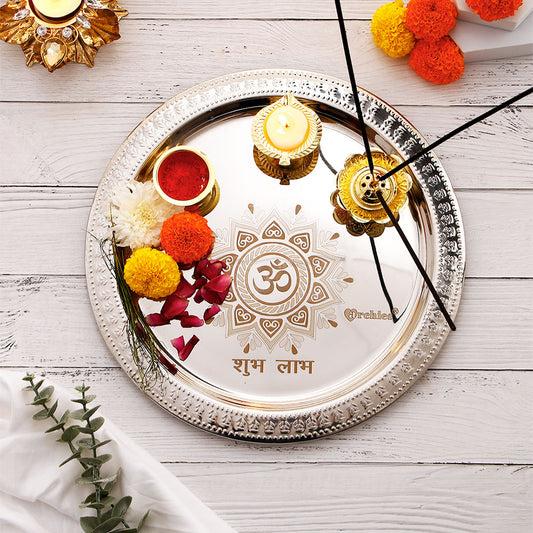 Silver Pooja Thali Set with Besan Ladoo and Attar