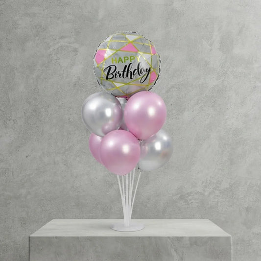 Pink & Silver Balloon Stand with Birthday Foil