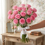 Charming 20 Pink Roses Bouquet with White Gypsophila Fillers