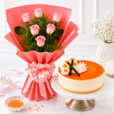 6 Baby Pink Roses With Butterscotch Cake